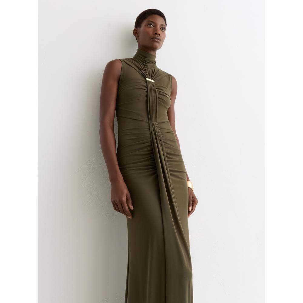 REISS Colette Ruched Sleeveless Maxi Dress in Khaki Green